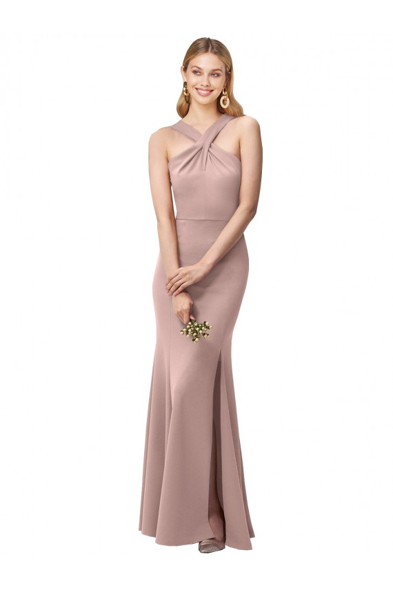 Long Floor Length High Neck Fit and Flare Stretch Crepe Prom Dress with Side Slit Australia