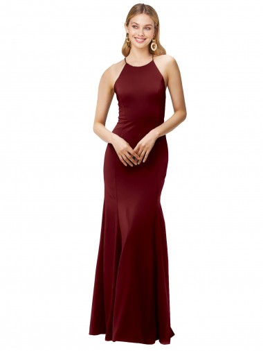 Fit and Flare Halter Neckline Stretch Crepe Prom Dress with Strappy Back Australia