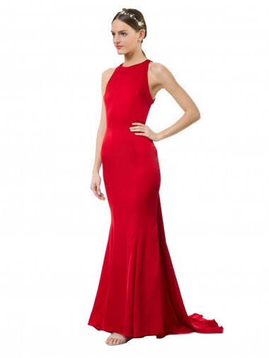 High Neck Mermaid Open Back Crepe Maxi Prom Dress with Train Detail Australia