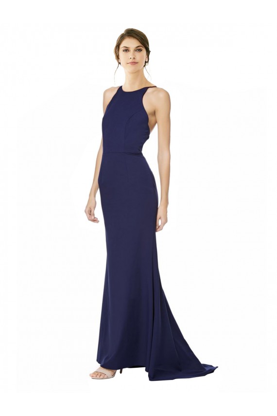 Fishtail High Neck Maxi Crepe Bridesmiad Dress with Strappy Back Detail Australia