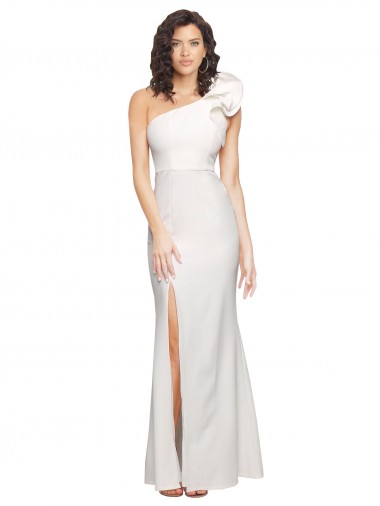 One Shoulder Long Full Length Crepe Prom Dress with Ruffles and Side Split Australia