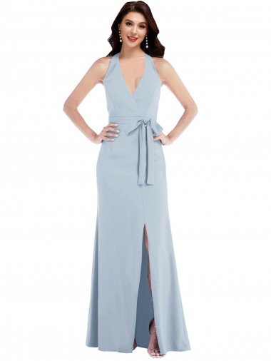 Open Back Halter Maxi Crepe Prom Dress with Draped Bow Australia