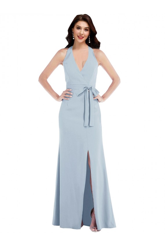 Open Back Halter Maxi Crepe Prom Dress with Draped Bow Australia