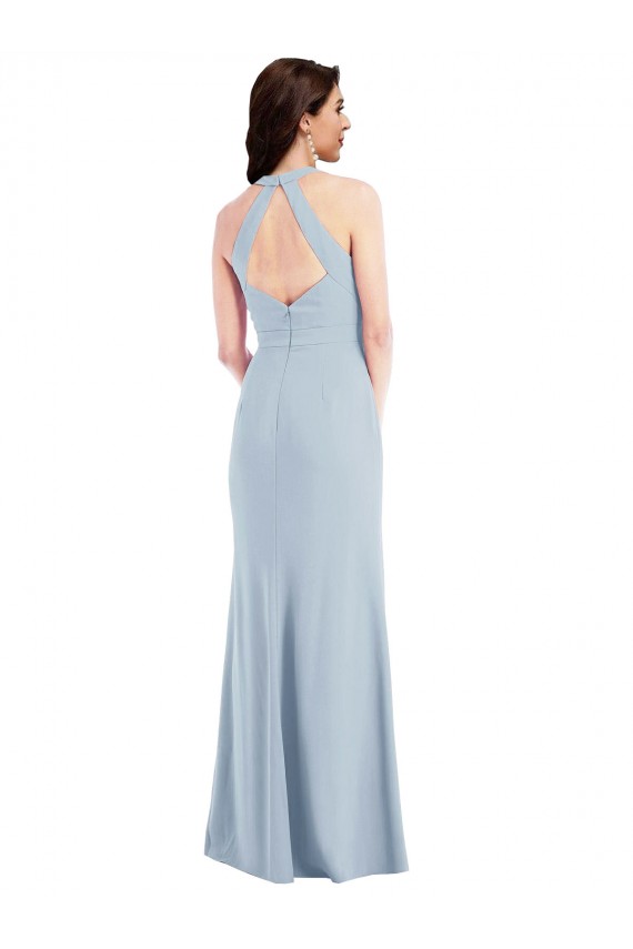 Open Back Halter Maxi Crepe Prom Dress with Draped Bow Australia