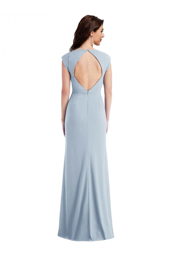 Cap Sleeve Open Back Trumpet Crepe Prom Dress with Front Slit Australia