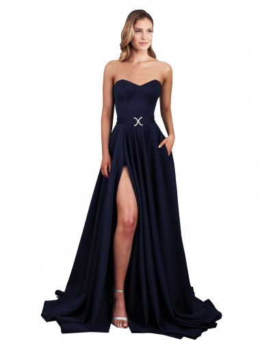 Sweetheart Neckline Low Back Long Crepe Prom Dress with High Leg Spit & Pockets Australia