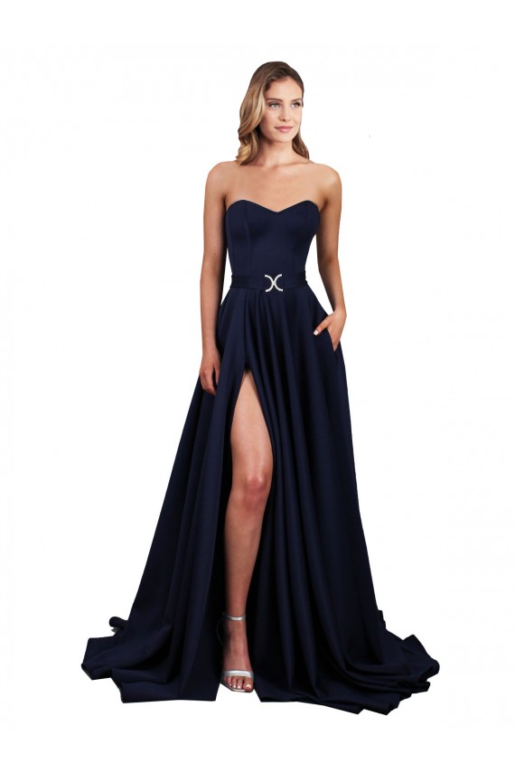 Sweetheart Neckline Low Back Long Crepe Prom Dress with High Leg Spit & Pockets Australia
