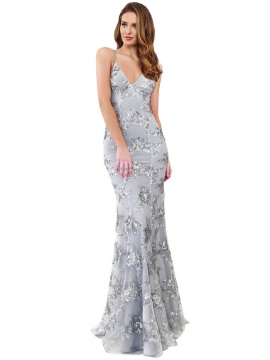 Silver V-Neckline Backless Floral Patterned Sequin Prom Dress Australia
