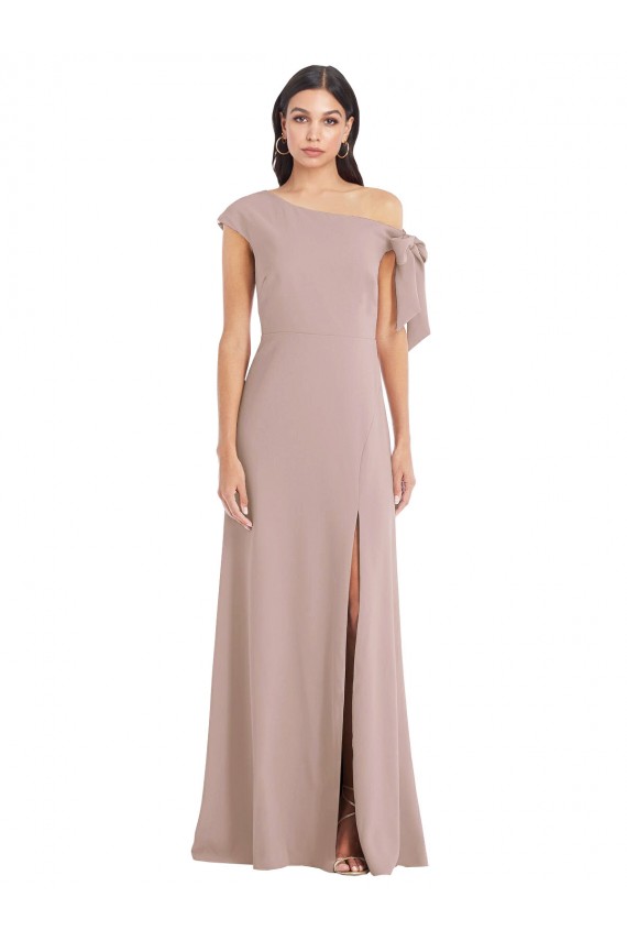 Off the Shoulder Tie Detail Maxi Crepe Prom Dress with Front Slit Australia