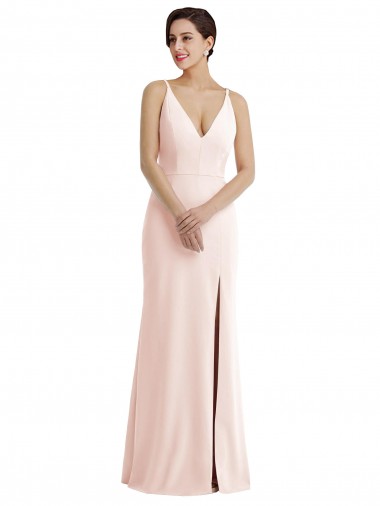 Skinny Strap Deep V-Neck Trumpet Crepe Prom Dress with Front Slit Australia