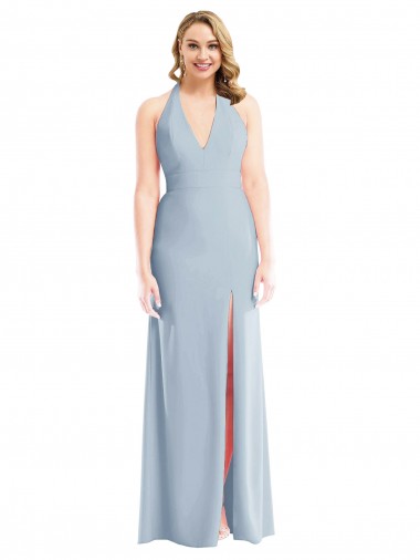 Plunge Neck Halter Backless Trumpet Prom Dress with Front Slit Australia