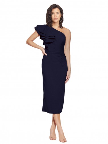 Ruched Midi Length Short Crepe Cocktail Prom Dress / Homecoming Dress with Shoulder Ruffles Australia