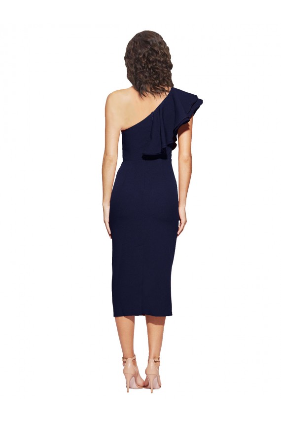 Ruched Midi Length Short Crepe Cocktail Prom Dress / Homecoming Dress with Shoulder Ruffles Australia