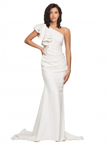 Ruched Long Sweep Train Crepe Prom Dress with Shoulder Ruffles Australia
