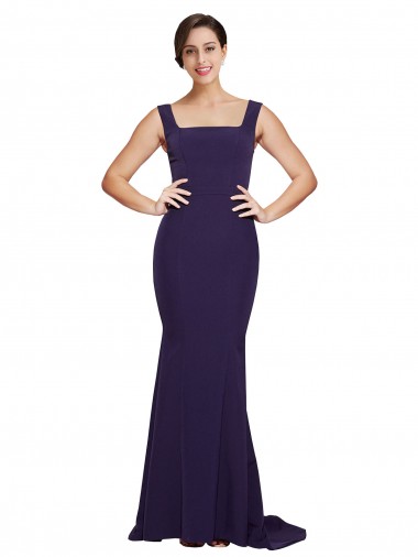 Square Neck Long Sweep Train Crepe Prom Dress with Thick Straps Australia