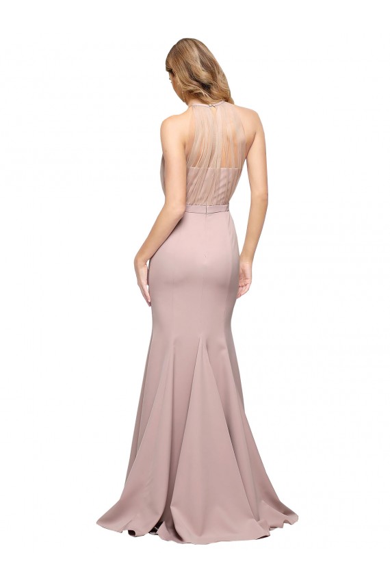 Long Sweetheart Crepe Prom Dress with High Neck Illusion Tulle Details Australia