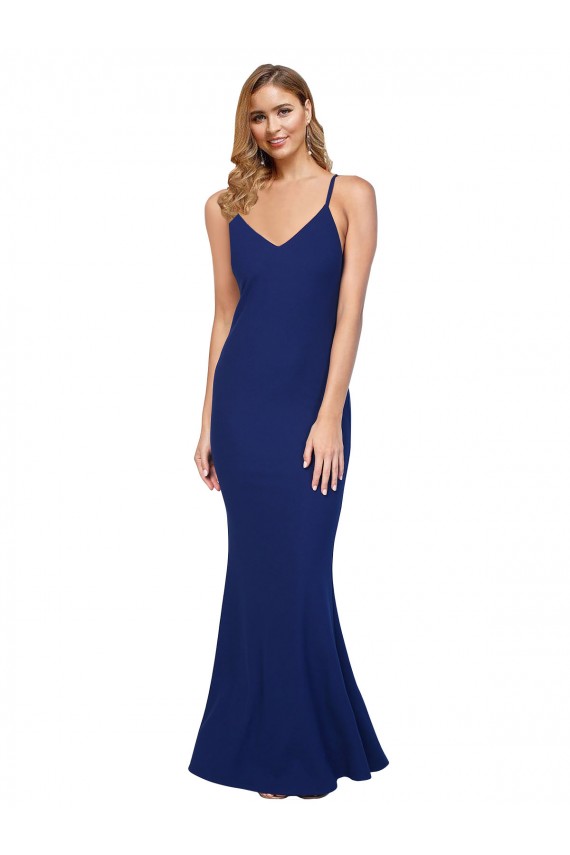 Full Length V-Neckline Crepe Prom Dress with Thin Straps and Fulted Skirt Australia
