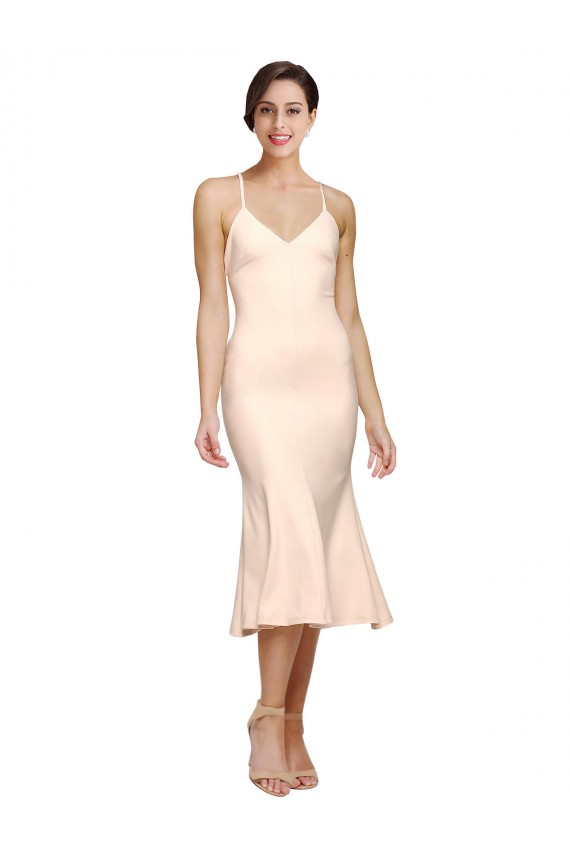 Midi Length V-Neckline Crepe Cocktail Prom Dress / Homecoming Dress with Thin Straps and Fulted Skirt Australia