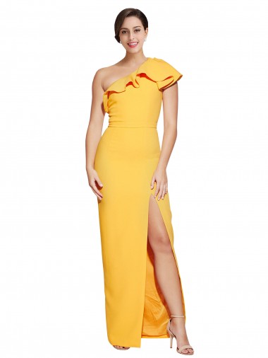 One Shoulder Floor Length Crepe Prom Dress with Thigh High Split Australia