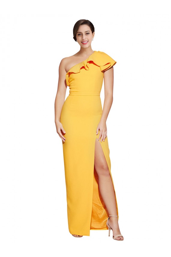 One Shoulder Floor Length Crepe Prom Dress with Thigh High Split Australia