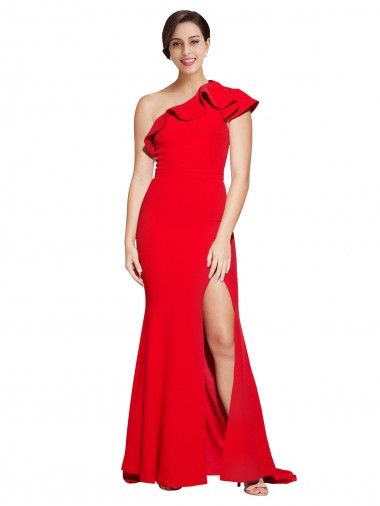 One Shoulder Long Sweep Train Crepe Prom Dress with Thigh High Split Australia