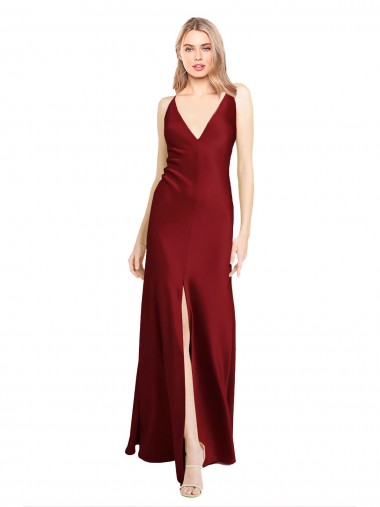 Floor Length Deep V-Back Stretch Satin Prom Dress with Front Slit Australia