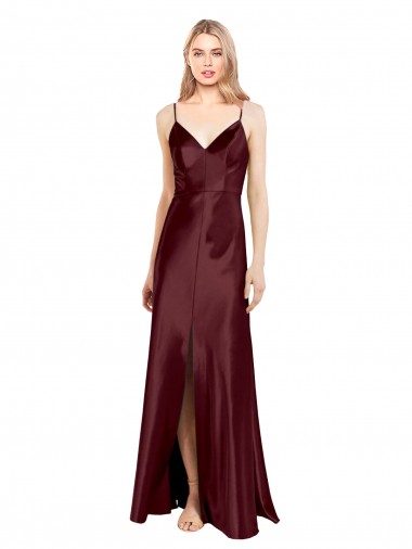 Sleek Spaghetti Straps V-Neck Stretch Satin Prom Dress with Center Front Slit Australia