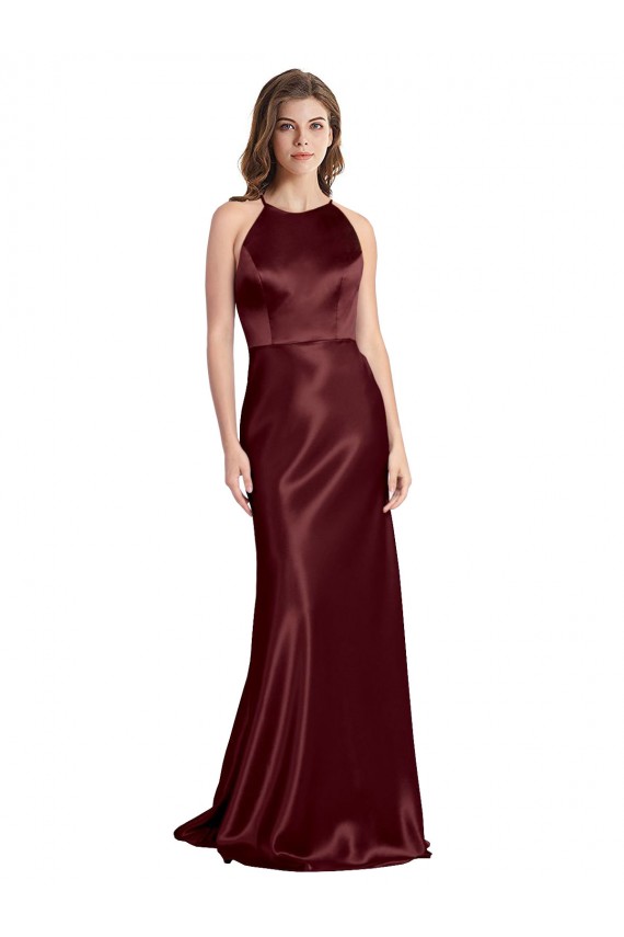 High Neck Halter Long Sleeveless Stretch Satin Prom Dress with Strappy Back Australia