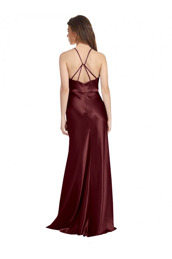 High Neck Halter Long Sleeveless Stretch Satin Prom Dress with Strappy Back Australia