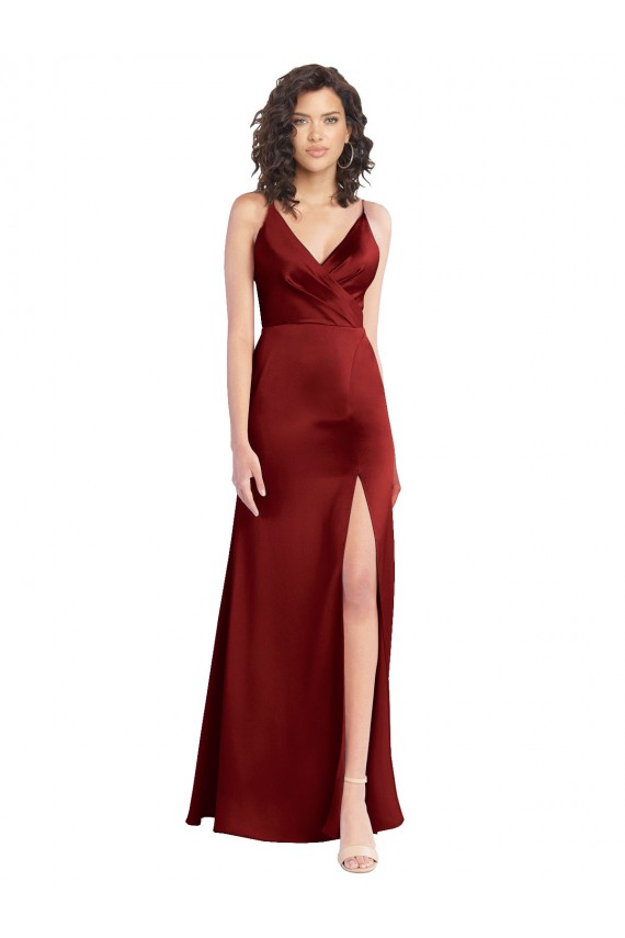 Faux Surplice Neckline Long Slim A-Line Stretch Satin Prom Dress Australia