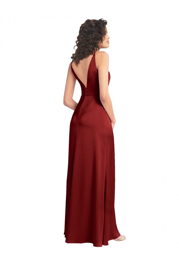 Faux Surplice Neckline Long Slim A-Line Stretch Satin Prom Dress Australia