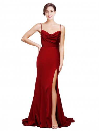 Cowl Front Neck Sweep Train Stretch Satin Prom Dress with High Side Split Australia