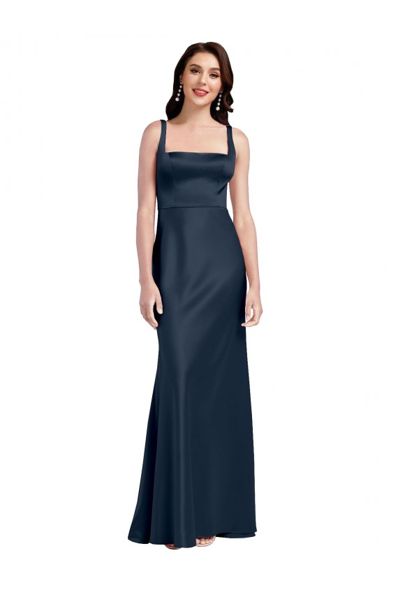 Square Neck A-Line Long Stretch Satin Prom Dress with Wide Straps Australia