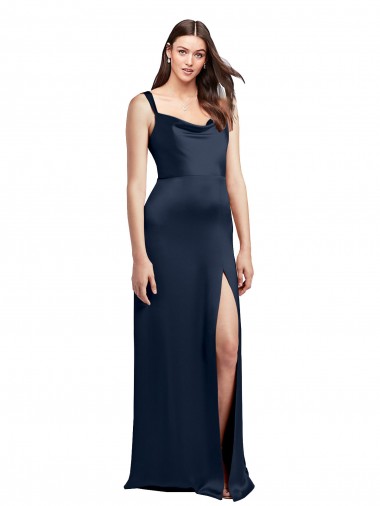 Cowl Neck Soft Long Stretch Satin Prom Dress with Side Slit and Pleated Straps Australia