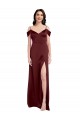 Draped Off the Shoulder Sleeves Slim A-Line Stretch Satin Prom Dress with Side Slit Australia