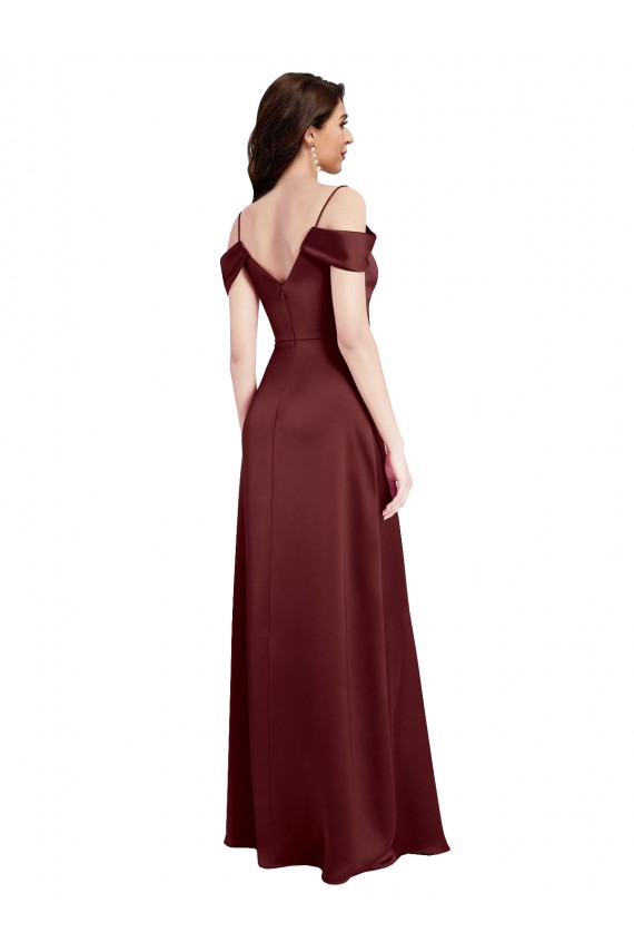 Draped Off the Shoulder Sleeves Slim A-Line Stretch Satin Prom Dress with Side Slit Australia