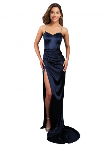 Pleated Sash Skirt Long Stretch Satin Prom Dress with High Slit Australia
