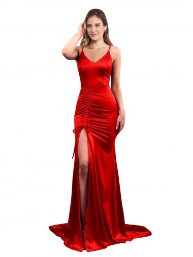 Long Pleated Stretch Satin Prom Dress with High Slit Australia