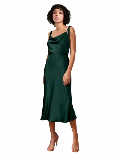 Spaghetti Straps Tie Shoulders Cowl Neck Short Midi Length Stretch Satin Cocktail Prom Dress / Homecoming Dress Australia