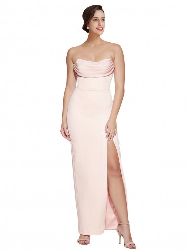 Cowl Neck Strapless Stretch Satin Prom Dress with High Split Australia