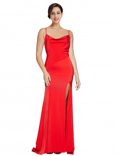 Low Back Cowl Neck Stretch Satin Prom Dress with High Side Slit Australia