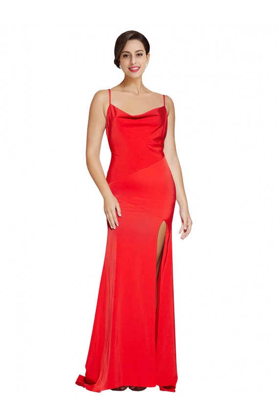 Low Back Cowl Neck Stretch Satin Prom Dress with High Side Slit Australia