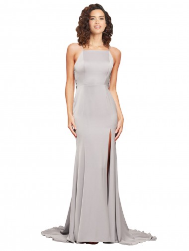 High Neck Low Back Long Full Length Stretch Satin Prom Dress Australia