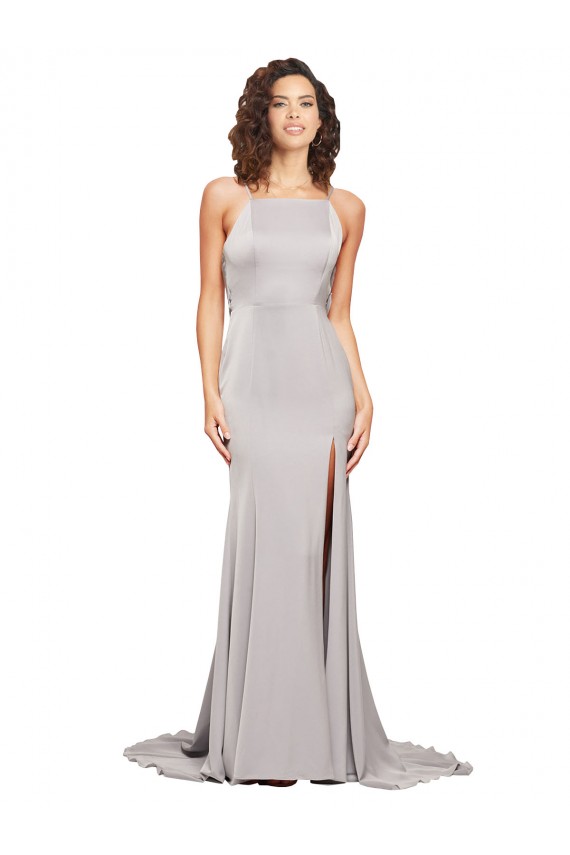 High Neck Low Back Long Full Length Stretch Satin Prom Dress Australia