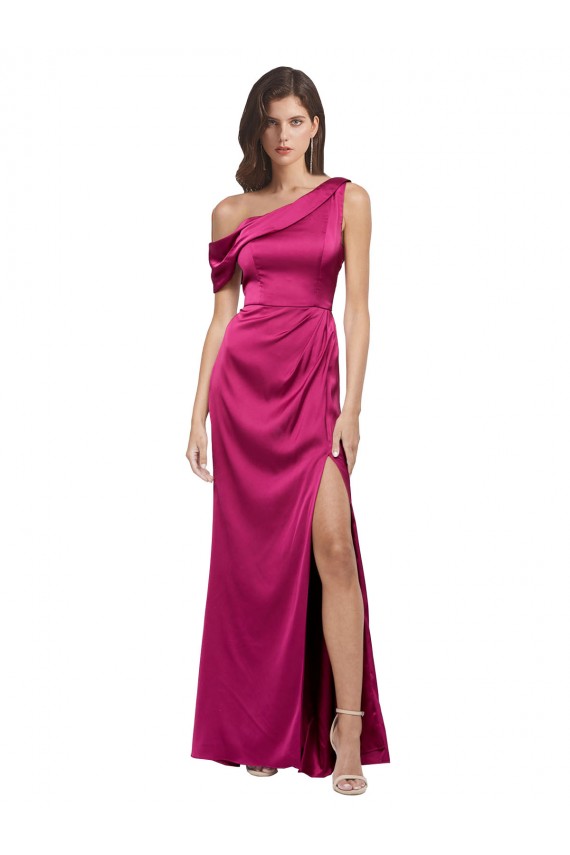 Off the Shoulder Short Sleeves Stretch Satin Prom Dress with Side Slit Australia