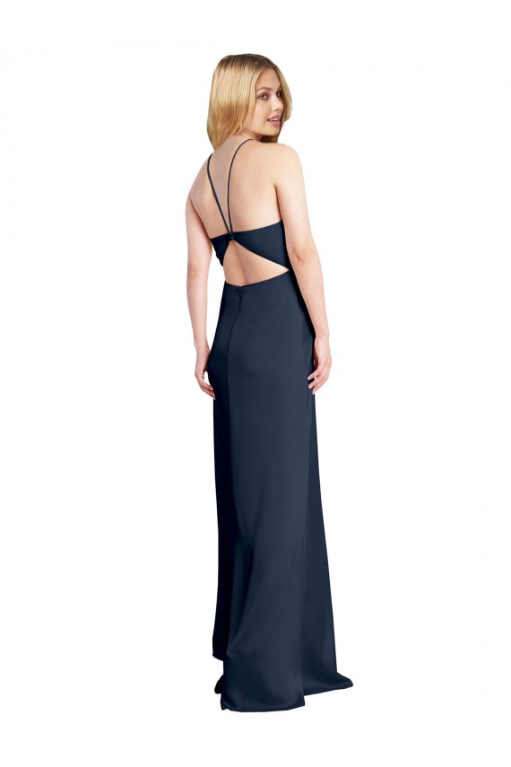 Halter Neckline Long Stretch Satin Prom Dress with Strappy Back and Side Slit Australia