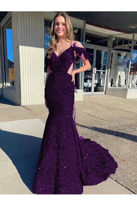 Cold Shoulder Sleeveless Long Court Train Velvet Sequin Prom Dress Australia