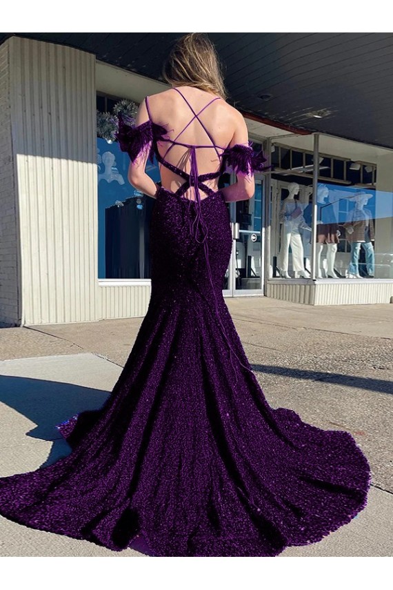 Cold Shoulder Sleeveless Long Court Train Velvet Sequin Prom Dress Australia