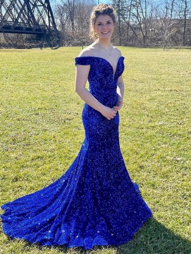 Off the Shoulder Sleeveless Long Sweep Train Velvet Sequin Prom Dress Australia