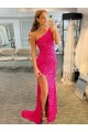 One Shoulder Sleeveless Long Velvet Sequin Prom Dress with High Slit Australia